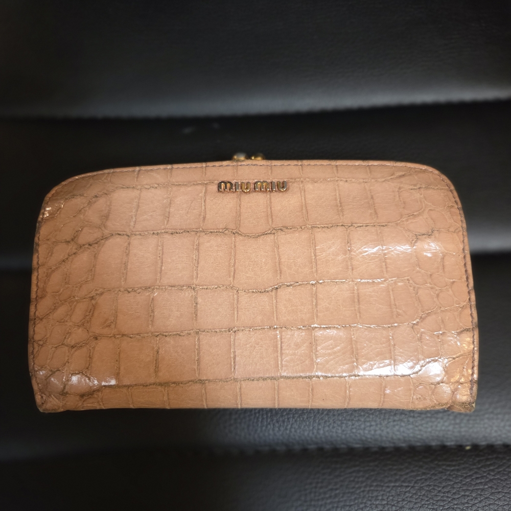 Miu Miu Tan Crocodile-Embossed Leather Wallet